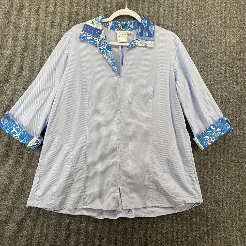 Finley Blouse Top Womens L Blue‎ Striped Tunic Collared Office Ladies Preppy